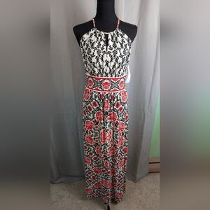 Chic Halter Neck Maxi Dress - Black and Red Floral